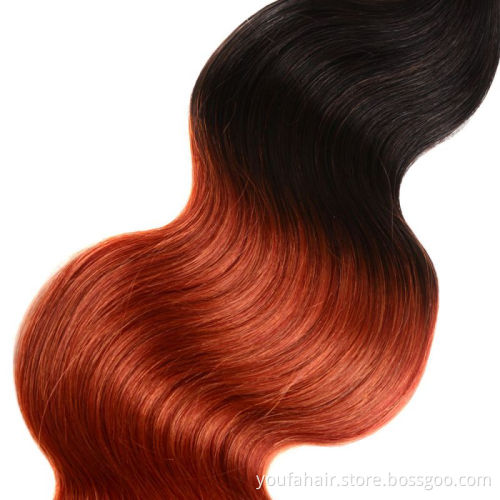 Free Sample Peruvian Human Hair Bundles Orange Ombre Color 1b/350# Body Wave Virgin Cuticle Aligned Human Hair Weaves Extensions